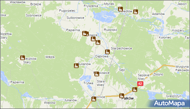 mapa Dąbrowa gmina Fałków, Dąbrowa gmina Fałków na mapie Targeo