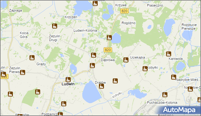 mapa Dąbrowa gmina Ludwin, Dąbrowa gmina Ludwin na mapie Targeo