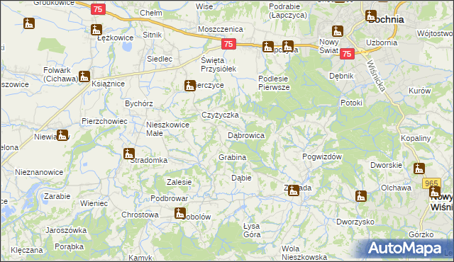 mapa Dąbrowica gmina Bochnia, Dąbrowica gmina Bochnia na mapie Targeo