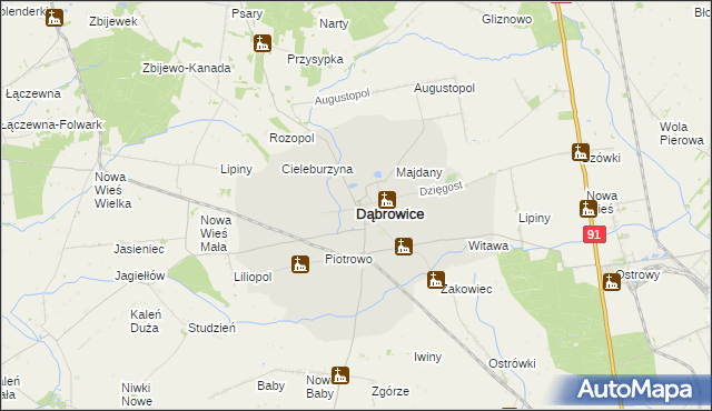 mapa Dąbrowice powiat kutnowski, Dąbrowice powiat kutnowski na mapie Targeo