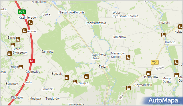 mapa Dąbrówka Duża gmina Brzeziny, Dąbrówka Duża gmina Brzeziny na mapie Targeo