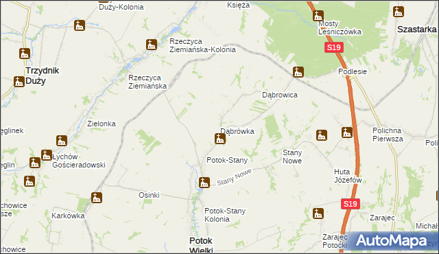 mapa Dąbrówka gmina Potok Wielki, Dąbrówka gmina Potok Wielki na mapie Targeo