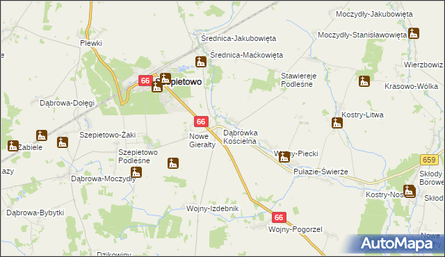 mapa Dąbrówka Kościelna gmina Szepietowo, Dąbrówka Kościelna gmina Szepietowo na mapie Targeo