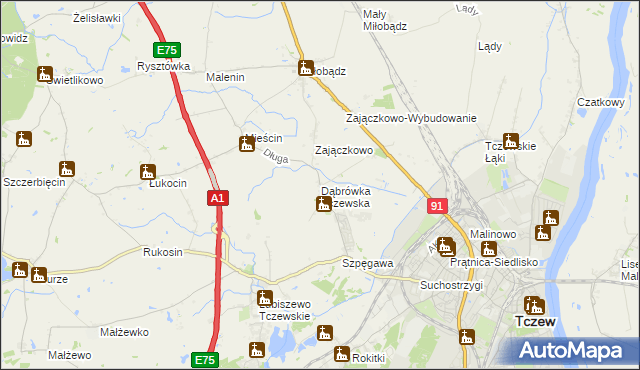 mapa Dąbrówka Tczewska, Dąbrówka Tczewska na mapie Targeo