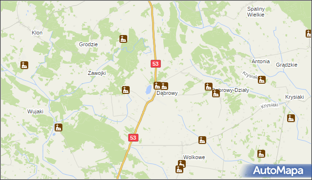 mapa Dąbrowy gmina Rozogi, Dąbrowy gmina Rozogi na mapie Targeo