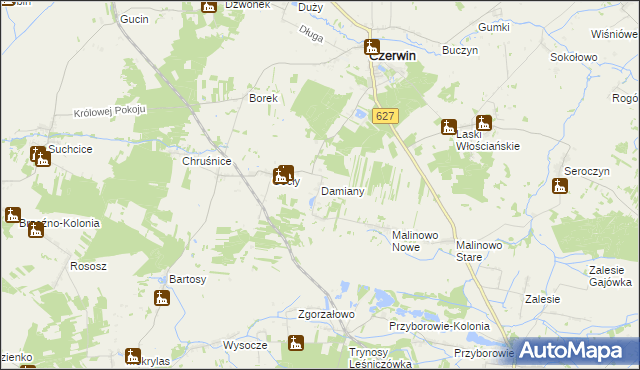 mapa Damiany gmina Czerwin, Damiany gmina Czerwin na mapie Targeo