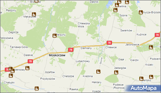 mapa Damiany gmina Moskorzew, Damiany gmina Moskorzew na mapie Targeo