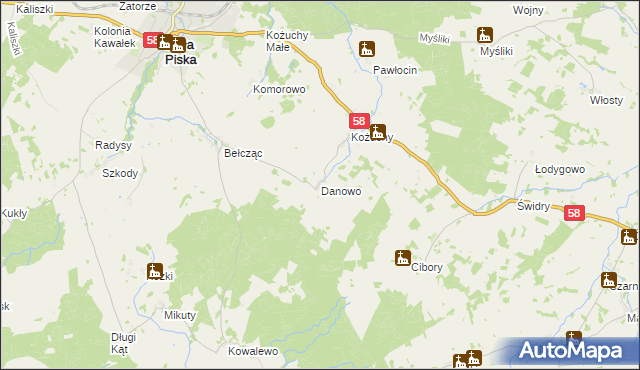 mapa Danowo gmina Biała Piska, Danowo gmina Biała Piska na mapie Targeo