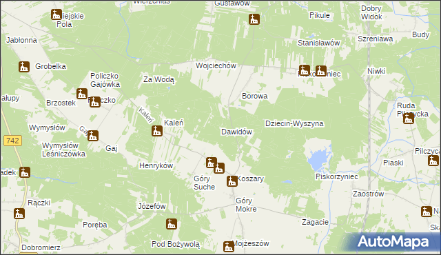 mapa Dawidów gmina Przedbórz, Dawidów gmina Przedbórz na mapie Targeo