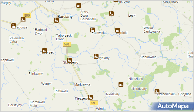 mapa Dębiany gmina Barciany, Dębiany gmina Barciany na mapie Targeo