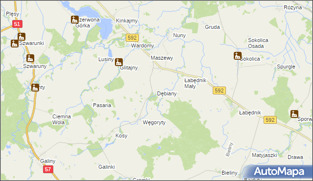 mapa Dębiany gmina Bartoszyce, Dębiany gmina Bartoszyce na mapie Targeo