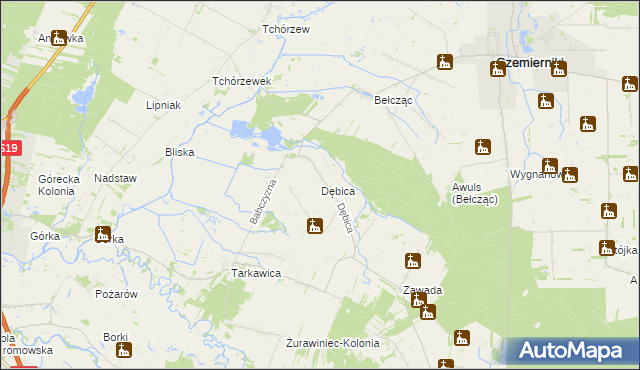 mapa Dębica gmina Ostrówek, Dębica gmina Ostrówek na mapie Targeo