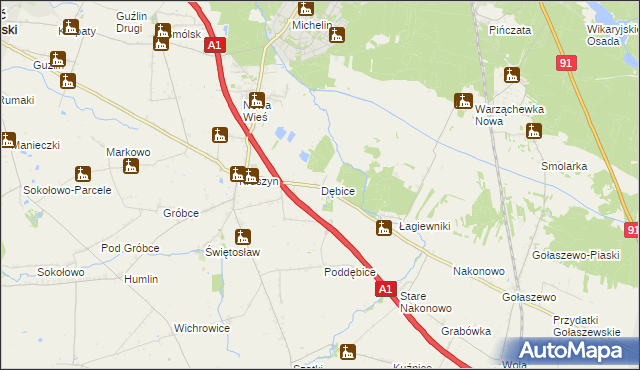 mapa Dębice gmina Włocławek, Dębice gmina Włocławek na mapie Targeo