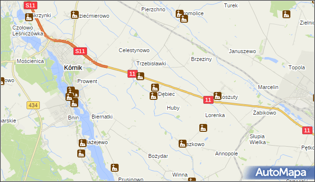 mapa Dębiec gmina Kórnik, Dębiec gmina Kórnik na mapie Targeo