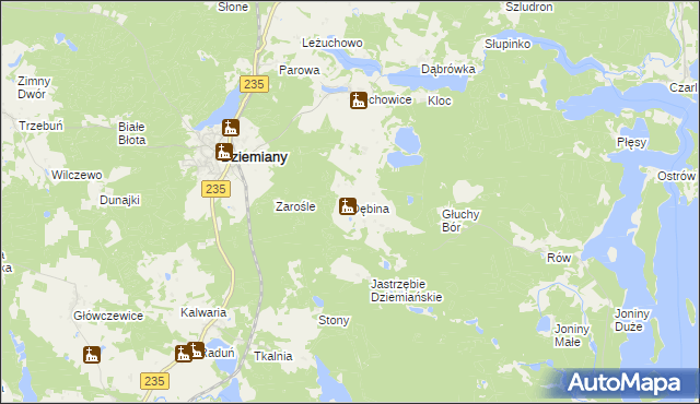 mapa Dębina gmina Dziemiany, Dębina gmina Dziemiany na mapie Targeo