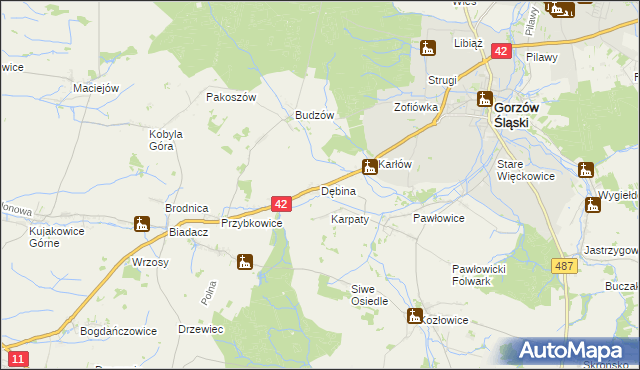 mapa Dębina gmina Gorzów Śląski, Dębina gmina Gorzów Śląski na mapie Targeo