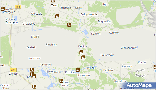 mapa Dębina gmina Kleszczów, Dębina gmina Kleszczów na mapie Targeo