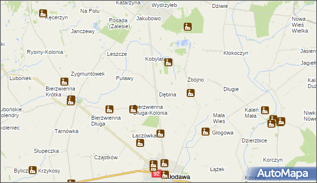 mapa Dębina gmina Kłodawa, Dębina gmina Kłodawa na mapie Targeo