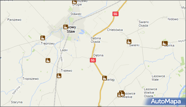 mapa Dębina gmina Nowy Staw, Dębina gmina Nowy Staw na mapie Targeo