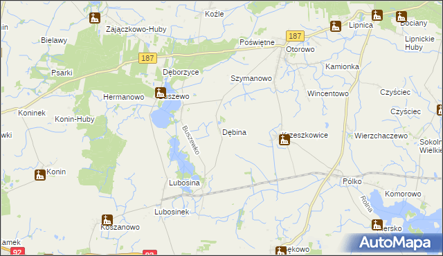 mapa Dębina gmina Pniewy, Dębina gmina Pniewy na mapie Targeo