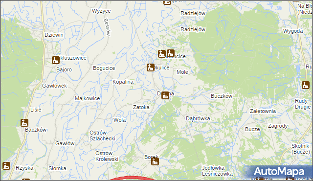 mapa Dębina gmina Rzezawa, Dębina gmina Rzezawa na mapie Targeo