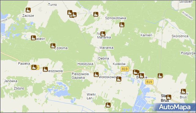 mapa Dębina gmina Stary Brus, Dębina gmina Stary Brus na mapie Targeo