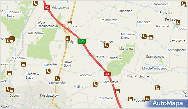 mapa Dębina gmina Strzelce, Dębina gmina Strzelce na mapie Targeo