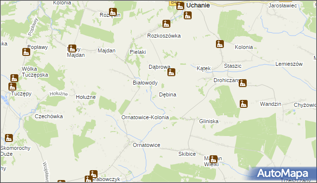 mapa Dębina gmina Uchanie, Dębina gmina Uchanie na mapie Targeo