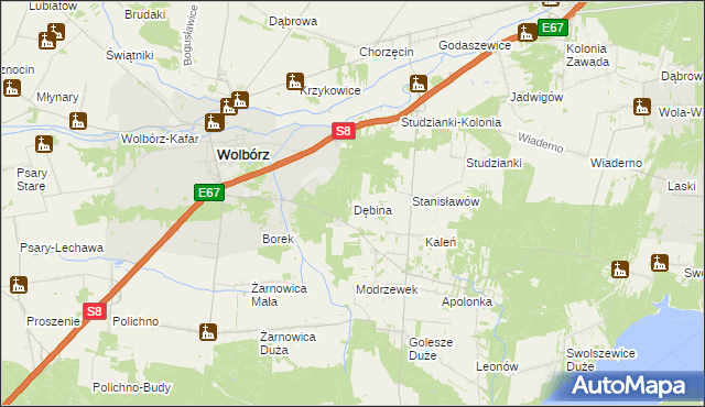 mapa Dębina gmina Wolbórz, Dębina gmina Wolbórz na mapie Targeo