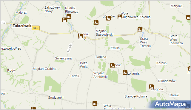 mapa Dębina gmina Zakrzew, Dębina gmina Zakrzew na mapie Targeo