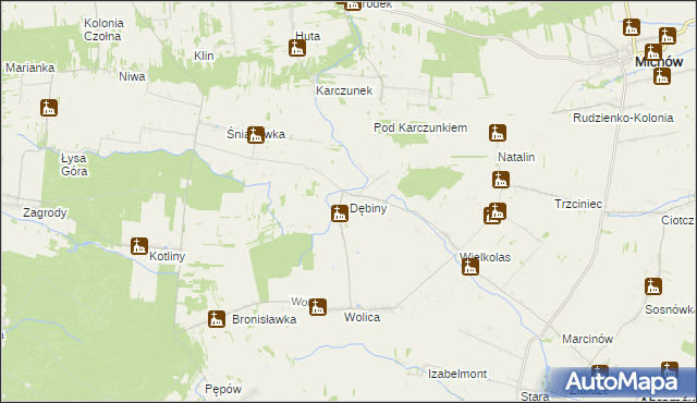 mapa Dębiny gmina Abramów, Dębiny gmina Abramów na mapie Targeo