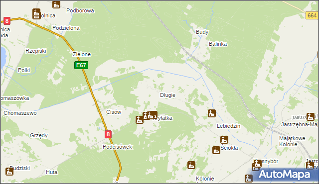 mapa Długie gmina Sztabin, Długie gmina Sztabin na mapie Targeo