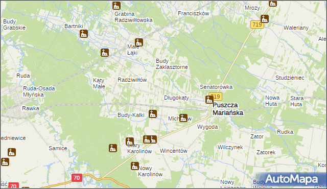 mapa Długokąty gmina Puszcza Mariańska, Długokąty gmina Puszcza Mariańska na mapie Targeo