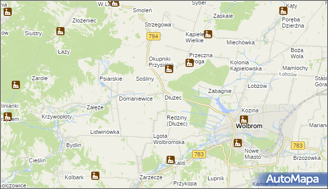 mapa Dłużec gmina Wolbrom, Dłużec gmina Wolbrom na mapie Targeo