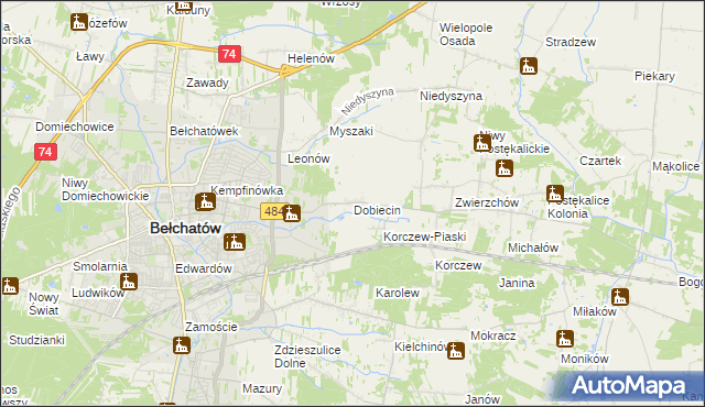 mapa Dobiecin gmina Bełchatów, Dobiecin gmina Bełchatów na mapie Targeo