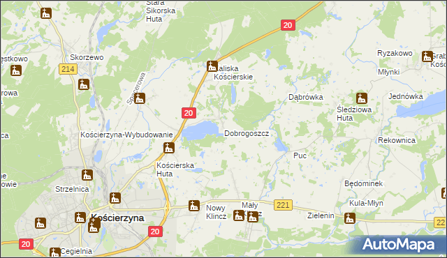 mapa Dobrogoszcz gmina Kościerzyna, Dobrogoszcz gmina Kościerzyna na mapie Targeo