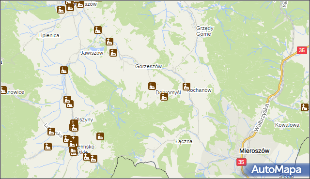 mapa Dobromyśl gmina Kamienna Góra, Dobromyśl gmina Kamienna Góra na mapie Targeo