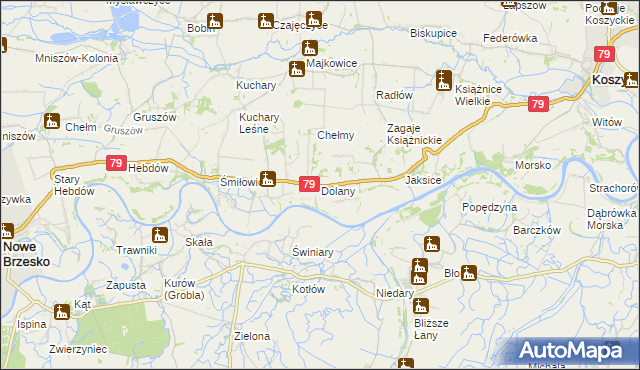 mapa Dolany gmina Koszyce, Dolany gmina Koszyce na mapie Targeo