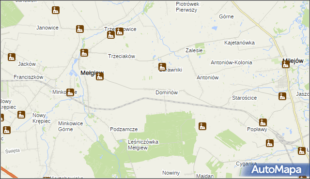 mapa Dominów gmina Mełgiew, Dominów gmina Mełgiew na mapie Targeo