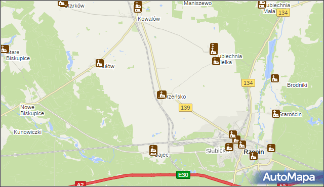 mapa Drzeńsko gmina Rzepin, Drzeńsko gmina Rzepin na mapie Targeo