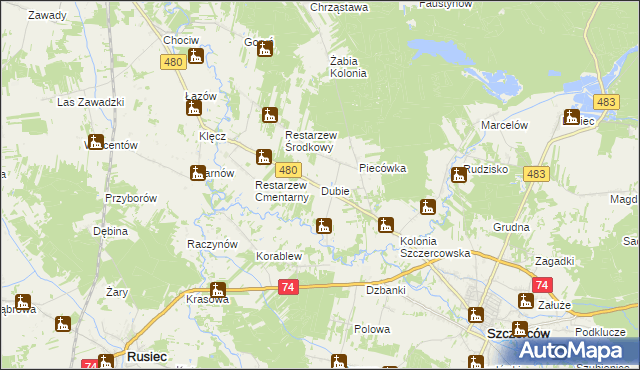mapa Dubie gmina Szczerców, Dubie gmina Szczerców na mapie Targeo