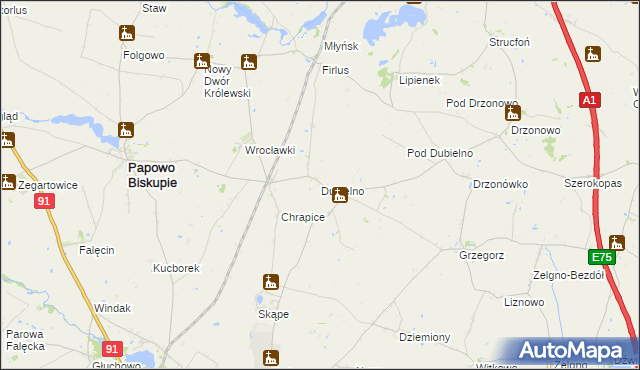 mapa Dubielno gmina Papowo Biskupie, Dubielno gmina Papowo Biskupie na mapie Targeo