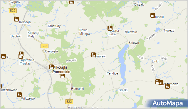 mapa Dworek gmina Mikołajki Pomorskie, Dworek gmina Mikołajki Pomorskie na mapie Targeo