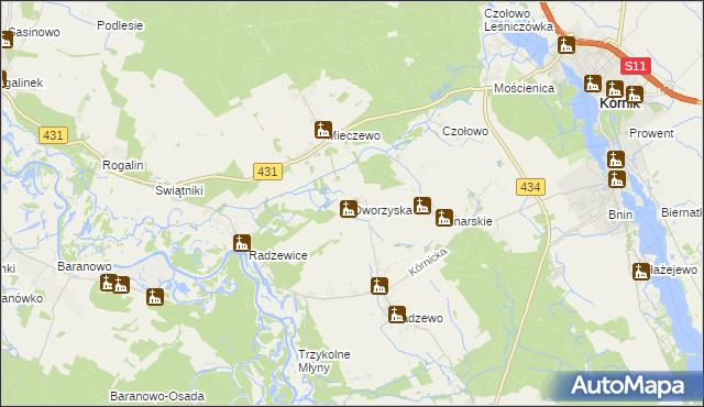 mapa Dworzyska gmina Kórnik, Dworzyska gmina Kórnik na mapie Targeo