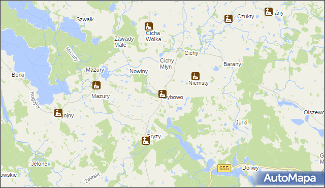 mapa Dybowo gmina Świętajno, Dybowo gmina Świętajno na mapie Targeo