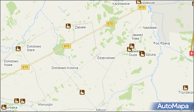 mapa Dzięciołowo gmina Jaświły, Dzięciołowo gmina Jaświły na mapie Targeo