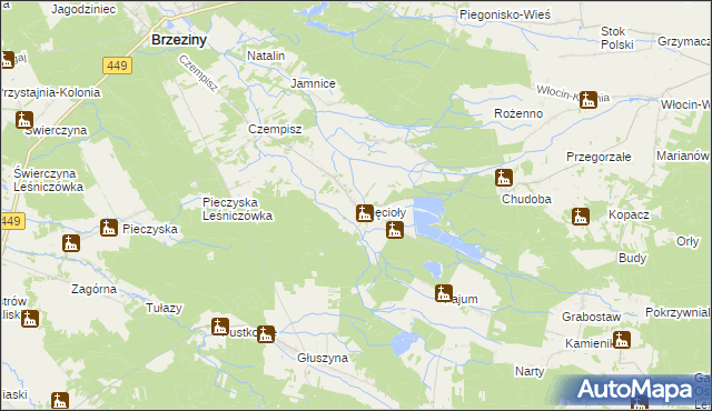 mapa Dzięcioły gmina Brzeziny, Dzięcioły gmina Brzeziny na mapie Targeo