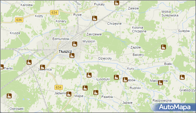 mapa Dzięcioły gmina Tłuszcz, Dzięcioły gmina Tłuszcz na mapie Targeo