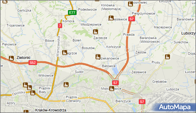 mapa Dziekanowice gmina Zielonki, Dziekanowice gmina Zielonki na mapie Targeo