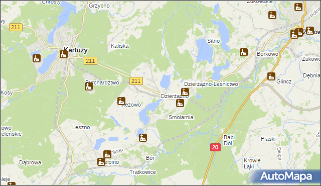 mapa Dzierżążno gmina Kartuzy, Dzierżążno gmina Kartuzy na mapie Targeo